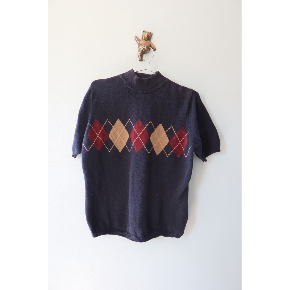 80s 90s Charter Club Mock Neck Sweater L Short Sleeve Navy Red Tan